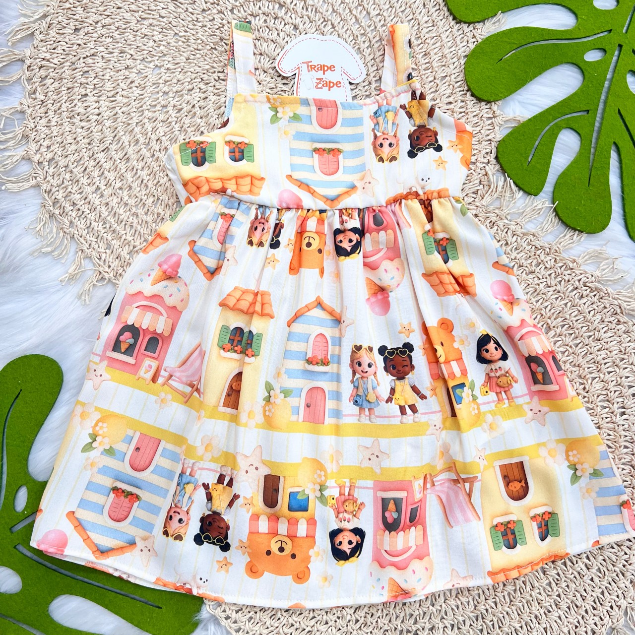 Vestido Bonequinhas e Casinhas Alaranjado
